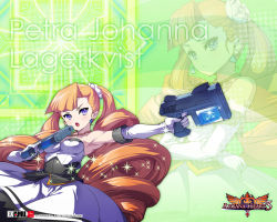 Rule 34 | 1girl, akaga hirotaka, arcana heart, arcana heart 3, armpits, bare shoulders, blue eyes, blunt bangs, blush, breasts, character name, cleavage, copyright name, crossed arms, dress, drill hair, dual wielding, earrings, elbow gloves, female focus, fighting stance, flower, frown, gloves, glowing, gun, hair flower, hair ornament, handgun, holding, jewelry, large breasts, logo, long hair, necklace, official art, official wallpaper, open mouth, orange hair, pendant, petra johanna lagerkvist, rose, solo, sparkle, twin drills, very long hair, wallpaper, weapon, white flower, white rose