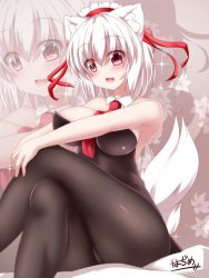 Rule 34 | 1girl, animal ears, bad id, bad pixiv id, bare shoulders, between breasts, black pantyhose, breasts, crossed legs, fang, hajime (ak-r), hat, highres, inubashiri momiji, large breasts, looking at viewer, necktie, necktie between breasts, open mouth, pantyhose, red eyes, red necktie, short hair, silver hair, solo, tail, tokin hat, touhou, wolf ears, wolf tail, zoom layer