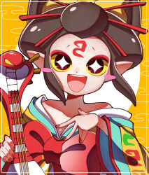 Rule 34 | 1girl, bare shoulders, black hair, blush stickers, colored sclera, egasumi, highres, japanese clothes, kimono, looking at viewer, nihongami, off shoulder, oiran (youkai watch), open mouth, pipiko., pointy ears, red nails, solo, yellow sclera, youkai (youkai watch), youkai watch