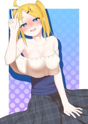 Rule 34 | armpits, bare shoulders, blonde hair, blush, breasts, bright pupils, collarbone, cowboy shot, crescent, crescent hair ornament, dithered background, drop shadow, gloggy, hair ornament, hairclip, highres, large breasts, medium hair, no bra, nose blush, open mouth, original, parted bangs, strapless, v, wanda mary (gloggy), white pupils