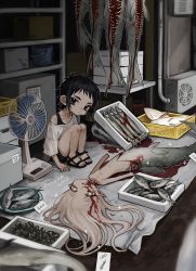 Rule 34 | 1boy, 1girl, air conditioner, artist name, bare legs, black eyes, black footwear, black hair, black shorts, blood, blood on face, blood splatter, blurry, bucket, clam, closed mouth, collarbone, crate, depth of field, electric fan, expressionless, fish, food, guro, highres, ishida umi, knees to chest, legs together, long hair, looking at viewer, lying, market, mermaid, messy hair, monster girl, off shoulder, on back, on floor, original, outline, oversized clothes, oversized shirt, parted lips, plate, pointy ears, pool of blood, price tag, sandals, seashell, shell, shirt, short hair, short shorts, shorts, sitting, sparkle, star-shaped pupils, star (symbol), symbol-shaped pupils, t-shirt, tank top, watermark, white hair, white outline, white shirt