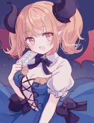 Rule 34 | 1girl, :d, black bow, blue dress, bow, breasts, brown eyes, brown hair, card, character name, collared shirt, curled horns, demon girl, demon horns, demon wings, detached wings, dress, frilled dress, frills, gremory (shadowverse), hand up, highres, holding, holding card, horns, karunabaru, looking at viewer, medium breasts, open mouth, puffy short sleeves, puffy sleeves, red wings, shadowverse, shirt, short sleeves, smile, solo, strapless, strapless dress, twintails, white shirt, wings