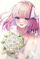 Rule 34 | 1girl, :d, backlighting, bare shoulders, blue eyes, blunt bangs, blush, bouquet, butterfly hair ornament, collarbone, dress, flower, go-toubun no hanayome, hair ornament, happy, highres, holding, holding bouquet, jewelry, lace, looking at viewer, nakano nino, necklace, open mouth, pearl necklace, petals, pink hair, primamiya, raised eyebrows, ribbon, short hair, simple background, smile, sunlight, two side up, wedding dress, white dress, white ribbon
