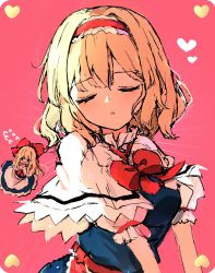 Rule 34 | 1girl, alice margatroid, apron, belt, blonde hair, blue dress, blue eyes, blush, bow, bowtie, breasts, capelet, closed eyes, collared dress, commentary request, dress, flying, frills, grey apron, hair between eyes, hairband, heart, highres, long hair, long sleeves, looking at viewer, medium breasts, open mouth, pink background, red belt, red bow, red bowtie, red hairband, shanghai doll, shangurira, short hair, short sleeves, simple background, solo, standing, touhou, upper body, white capelet