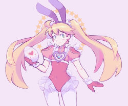 Rule 34 | 1girl, alternate costume, animal ears, blonde hair, closed mouth, earrings, egg, fake animal ears, fake tail, getchuman fairy, gloves, hat, heart, heart earrings, heart on chest, highres, jewelry, leotard, long hair, looking at viewer, pantyhose, rabbit ears, rabbit tail, saru getchu, saru jia, sayaka (saru getchu), simple background, smile, solo, tail