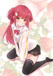 Rule 34 | 1girl, between legs, black skirt, black thighhighs, blush, bow, brown eyes, collared shirt, commentary request, copyright request, dress shirt, flower, food, fruit, hand between legs, highres, hood, hood down, hooded jacket, jacket, long hair, long sleeves, looking at viewer, natsu (sinker8c), no shoes, open clothes, open jacket, plaid, plaid skirt, pleated skirt, puffy long sleeves, puffy sleeves, red bow, red hair, shirt, sitting, skirt, sleeves past wrists, strawberry, strawberry blossoms, thighhighs, two side up, very long hair, wariza, white flower, white jacket, white shirt, wing hair ornament