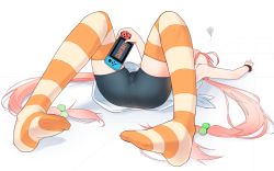 Rule 34 | 13o, 1girl, ahoge, armpits, bad id, bad pixiv id, bare shoulders, bike shorts, black shorts, commentary, english commentary, english text, feet, hair bobbles, hair ornament, handheld game console, highres, hinata channel, holding, holding handheld game console, knees up, legs, long hair, lying, nekomiya hinata, nintendo switch, no shoes, on back, pink hair, shirt, short shorts, shorts, solo, squiggle, striped clothes, striped thighhighs, tank top, thighhighs, twintails, very long hair, virtual youtuber, white shirt