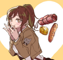 Rule 34 | 1girl, blush, breasts, brown eyes, brown hair, brown jacket, closed mouth, cropped jacket, food, food on face, hand to own mouth, heart, highres, jacket, long hair, long sleeves, medium breasts, mi cha iru, ponytail, sasha blouse, shingeki no kyojin, shirt, smile, solo, suspenders, swept bangs, upper body, white shirt, yellow background