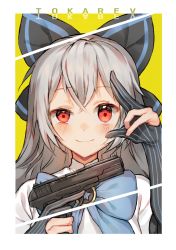 Rule 34 | 1girl, black bow, blue bow, blue stripes, blush, bow, brooch, character name, cyg38801, elbow gloves, girls&#039; frontline, gloves, grey hair, gun, hair bow, hand on own face, handgun, highres, holding, holding gun, holding weapon, jewelry, long hair, looking at viewer, partially fingerless gloves, pistol, red eyes, short sleeves, smile, solo, striped clothes, striped gloves, tokarev (girls&#039; frontline), tokarev tt-33, trigger discipline, upper body, vertical-striped clothes, vertical-striped gloves, very long hair, weapon, wide-eyed, yellow background