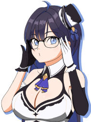 Rule 34 | 1girl, black hair, blue hair, breasts, cleavage, cleavage cutout, clothing cutout, collar, glasses, gloves, hands up, hat, heart cutout, image sample, kson, large breasts, multicolored hair, solo, twitter sample, two-tone hair, virtual youtuber, white background