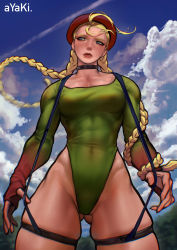 Rule 34 | 1girl, absurdres, adapted costume, antenna hair, ayaki blade, beret, black choker, blonde hair, blue eyes, braid, breasts, cammy white, choker, cloud, cloudy sky, collarbone, commentary request, covered abs, covered erect nipples, covered navel, cowboy shot, curvy, eyeliner, facing viewer, fingernails, from below, gluteal fold, green leotard, hat, highleg, highleg leotard, highres, leotard, lips, long hair, long sleeves, looking away, makeup, medium breasts, muscular, muscular female, red hat, red lips, skindentation, sky, sleeves past wrists, solo, standing, street fighter, street fighter v, suspenders, suspenders pull, thick thighs, thigh strap, thighs, twin braids, very long hair, wind, wind lift