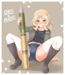 Rule 34 | 1girl, :p, absurdres, arakawa tarou, arm support, black footwear, black shirt, blonde hair, blue eyes, blue shorts, blush, boots, brown background, brown jacket, closed mouth, copyright name, cutoffs, denim, denim shorts, full body, girls und panzer, hair intakes, highres, holding, jacket, kay (girls und panzer), leaning back, long hair, long sleeves, looking at viewer, military, military uniform, open clothes, open jacket, saunders military uniform, shirt, short shorts, shorts, sitting, smile, solo, spread legs, star (symbol), starry background, tank shell, thighhighs, thighhighs under boots, tongue, tongue out, uniform, white thighhighs