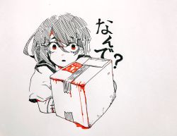 Rule 34 | 1girl, blood, blood stain, blush, commentary request, greyscale, hair between eyes, hair ornament, hairclip, highres, looking at viewer, masking tape (medium), monochrome, multicolored hair, nose blush, original, outo eguchi, paper (medium), pen (medium), photo (medium), red eyes, sailor collar, short sleeves, solo, spot color, streaked hair, translation request