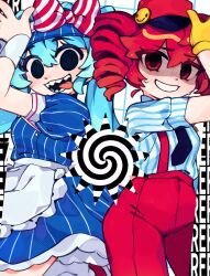 Rule 34 | 2girls, :3, absurdres, apron, black eyes, black necktie, blue dress, blue hair, blue shirt, bow, closed mouth, commentary, crazy, dress, drill hair, empty eyes, english commentary, false smile, gloves, hatsune miku, highres, kasane teto, light blue hair, long hair, looking at viewer, medium hair, mesmerizer (vocaloid), momoiiroo, multiple girls, necktie, open mouth, pants, pink eyes, pink hair, pinstripe dress, pinstripe pattern, red bow, scared, shaded face, sharp teeth, shirt, smile, spiral, striped bow, striped clothes, striped shirt, suspenders, sweat, teeth, text background, tongue, tongue out, twin drills, utau, visor cap, vocaloid, waist apron, white apron, white bow, white shirt, white wrist cuffs, wrist cuffs, yellow gloves