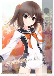 Rule 34 | 1girl, artist name, black sailor collar, blush, brown eyes, brown hair, character name, closed mouth, collarbone, commentary request, cosplay, cowboy shot, english text, eyes visible through hair, hair between eyes, hair ornament, highres, inaba shiki, kantai collection, long sleeves, looking at viewer, medium hair, national shin ooshima school uniform, neckerchief, one-hour drawing challenge, orange neckerchief, orange scrunchie, paid reward available, red scrunchie, sailor collar, school uniform, scrunchie, sendai (kancolle), shirt, short shorts, shorts, smile, solo, translation request, two side up, uniform, vividred operation, white shirt, white shorts