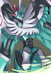 Rule 34 | bird, cowboy shot, digimon, digimon (creature), feathered wings, highres, horns, knight, looking down, pink eyes, ryo@, simple background, single horn, solo, wind, wings, zephagamon