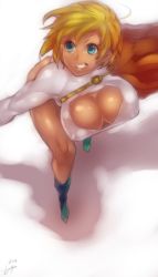 Rule 34 | 1girl, blonde hair, blue eyes, boots, breasts, cape, cleavage, cleavage cutout, clothing cutout, dc comics, female focus, huge breasts, image sample, muscular, pixiv sample, power girl, short hair, solo