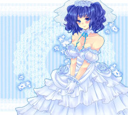 Rule 34 | 1girl, bad id, bad pixiv id, bare shoulders, blue dress, blue eyes, blue flower, blue hair, blue rose, blue theme, blush, border, breasts, bridal veil, bride, cleavage, creatures (company), doily, dress, empoleon, flower, game freak, gen 4 pokemon, gloves, happy, lace, lace border, large breasts, matching hair/eyes, nintendo, ornate border, own hands clasped, own hands together, personification, pochihonya, pokemon, puffy sleeves, rose, short hair, smile, solo, sparkle, striped, striped background, twintails, v arms, veil, wedding dress