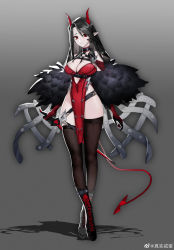 Rule 34 | 1girl, absurdres, bare shoulders, black footwear, black hair, black thighhighs, boots, breasts, chest belt, choker, cross-laced footwear, crossed legs, demon horns, demon tail, dress, eggisalive, feather boa, full body, gloves, gradient background, grey background, highres, holding, holding sword, holding weapon, horns, lace-up boots, large breasts, long hair, looking at viewer, no panties, original, pelvic curtain, pointy ears, red dress, red eyes, red gloves, red horns, smile, solo, standing, swept bangs, sword, tail, thighhighs, underbust, weapon, weibo logo, weibo watermark