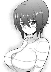 Rule 34 | 10s, 1girl, :&lt;, bad id, bad pixiv id, blush, breasts, cleavage, collarbone, frown, girls und panzer, greyscale, highres, impossible clothes, impossible shirt, large breasts, long sleeves, looking at viewer, monochrome, nishizumi maho, paizuri invitation, shirt, short hair, solo, striped clothes, striped shirt, try (lsc), unbuttoned, upper body