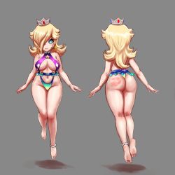 Rule 34 | 1girl, anklet, areola slip, ass, awesomeerix, barefoot, blonde hair, breasts, bright pupils, brooch, crown, earrings, floating, from behind, grey background, hair over one eye, handprint, highres, jewelry, large breasts, leotard, lips, long hair, mario (series), mario kart, mario kart tour, multiple views, navel, nintendo, rosalina, slap mark, smile, spanked, star-shaped pupils, star (symbol), symbol-shaped pupils, third-party edit, toe ring, white pupils