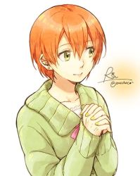 Rule 34 | 10s, 1girl, buccho (bucchoco), character name, earrings, green eyes, hoshizora rin, jewelry, looking away, love live!, love live! school idol project, orange hair, own hands clasped, own hands together, short hair, simple background, solo, sweater, twitter username, upper body, white background