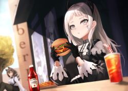 Rule 34 | 2girls, :t, arknights, bendy straw, black gloves, black jacket, black pants, blurry, blurry background, breasts, building, burger, capelet, closed mouth, commentary, cup, day, depth of field, disposable cup, drinking straw, eating, english commentary, food, gloves, grey eyes, grey hair, heinz, highres, holding, holding food, irene (arknights), jacket, ketchup, ketchup bottle, long hair, long sleeves, looking at viewer, multiple girls, outdoors, pants, puffy long sleeves, puffy sleeves, robin (arknights), shirt, small breasts, tree, upper body, white capelet, white shirt, yan kodiac