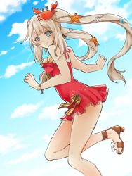 Rule 34 | 1girl, backlighting, bare arms, bare legs, bare shoulders, blue sky, blunt bangs, blush, bow, bracelet, breasts, brown footwear, casual one-piece swimsuit, closed mouth, cloud, cloudy sky, commentary request, crab hair ornament, day, dutch angle, eyes visible through hair, fate/grand order, fate (series), frilled swimsuit, frills, from side, halterneck, hands up, high heels, highres, jewelry, leg up, light brown hair, light smile, long hair, looking at viewer, looking to the side, marie antoinette (fate), marie antoinette (fate/grand order), marie antoinette (swimsuit caster) (fate), marie antoinette (swimsuit caster) (first ascension) (fate), medium breasts, multicolored bow, one-piece swimsuit, outdoors, parted bangs, red one-piece swimsuit, sandals, sasaki kuro, shade, shell hair ornament, shoes, sidelocks, sky, solo, standing, standing on one leg, starfish hair ornament, striped, striped bow, swimsuit, toeless footwear, twintails, very long hair