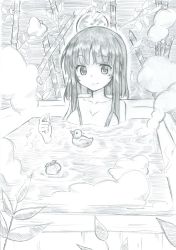 Rule 34 | 1girl, bamboo, bamboo forest, bath, bathing, bathtub, breasts, bubble bath, closed mouth, collarbone, commentary request, forest, graphite (medium), greyscale, highres, houraisan kaguya, large breasts, mahiro (akino-suisen), medium hair, monochrome, moon, nature, nude, one-hour drawing challenge, rubber duck, sidelocks, smile, soap bubbles, solo, touhou, toy, traditional media, upper body