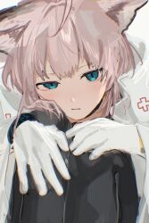 Rule 34 | 1girl, 44ou, absurdres, animal ears, arknights, blue eyes, closed mouth, cross, fox ears, fox girl, gloves, highres, jacket, looking at viewer, red cross, sitting, solo, sussurro (arknights), white gloves, white jacket