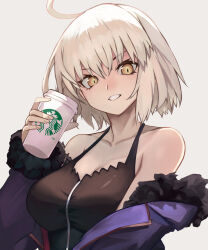 Rule 34 | 1girl, ahoge, bare shoulders, black dress, blue coat, breasts, cleavage, coat, coffee cup, collarbone, cup, disposable cup, dress, fate/grand order, fate (series), fur-trimmed coat, fur trim, genshu doki, grey hair, grin, highres, jeanne d&#039;arc alter (fate), jeanne d&#039;arc alter (ver. shinjuku 1999) (fate), large breasts, long sleeves, looking at viewer, off shoulder, open clothes, open coat, short hair, smile, solo, yellow eyes