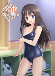 Rule 34 | !, !!, !?, 1girl, amamiya minato, blue eyes, brown hair, clothes pull, hanamaru youchien, highres, long hair, looking at viewer, one-piece swimsuit, one-piece swimsuit pull, pulling own clothes, ringed eyes, school swimsuit, solo, strap pull, surprised, swimsuit, tsuchida satsuki, tsurime