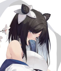 Rule 34 | 1girl, bare shoulders, black hair, blue eyes, breasts, cone hair bun, covering own mouth, eyes visible through hair, facial mark, flower, forehead mark, hair bun, hair over one eye, hand fan, highres, large breasts, light blush, looking at viewer, medium hair, original, portrait, simple background, slit pupils, solo, soya (torga)