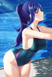 Rule 34 | 1girl, arched back, ass, blue hair, blue one-piece swimsuit, breasts, closed mouth, collarbone, commentary, commentary request, competition swimsuit, covered navel, day, english commentary, from side, fuzzlogik, high ponytail, highleg, highleg swimsuit, highres, large breasts, leaning forward, long hair, love live!, love live! sunshine!!, matsuura kanan, mixed-language commentary, one-piece swimsuit, ponytail, pool, poolside, purple eyes, smile, solo, swimsuit, thighs, water