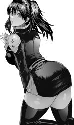 Rule 34 | 1girl, ass, black order uniform, breasts, d.gray-man, daraz, earrings, from behind, greyscale, hair between eyes, highres, jewelry, lenalee lee, long hair, long sleeves, looking at viewer, looking back, medium breasts, miniskirt, monochrome, parted lips, pleated skirt, skirt, sleeve cuffs, solo, thighhighs, thighs, twintails, white background, zettai ryouiki