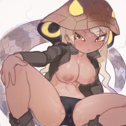 Rule 34 | 1girl, :c, black pants, blonde hair, blush, breasts, closed mouth, dark-skinned female, dark nipples, dark skin, detached hood, hand on own knee, highres, hood, hood up, inada roku, jacket, kemono friends, king cobra (kemono friends), knee up, leaning back, leaning to the side, long hair, long sleeves, looking at viewer, medium breasts, multicolored eyes, multicolored hair, nipples, no bra, no pants, open clothes, open jacket, outstretched arm, panties, pants, pink hair, pussy juice, pussy juice stain, red eyes, sitting, snake tail, solo, spread legs, stained panties, stomach, sweat, tail, toned, twintails, two-tone hair, underwear, very long hair, wet, wet clothes, wet panties, yellow eyes