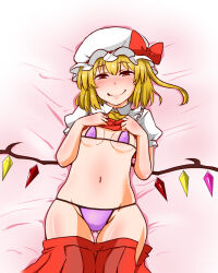 Rule 34 | 1girl, ascot, bed sheet, bikini, blonde hair, blush, bow, breasts, closed mouth, clothes lift, commentary request, covered erect nipples, crystal wings, fang, fang out, flandre scarlet, frilled shirt collar, frills, hands on own chest, hat, hat bow, lifted by self, looking at viewer, lying, mob cap, narrowed eyes, navel, on back, pleated skirt, purple bikini, red bow, red skirt, red vest, shiraue yuu, shirt, shirt lift, short hair, short sleeves, side ponytail, skirt, small breasts, smile, smug, solo, swimsuit, touhou, unworn skirt, vest, white hat, white shirt, wings, yellow ascot