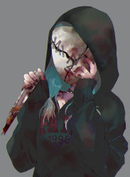 Rule 34 | 1girl, bad id, bad pixiv id, black collar, black hoodie, black nails, blood, blood on hands, blue hair, clothes writing, collar, collarbone, commentary request, dead by daylight, facing viewer, grey background, highres, holding, hood, hood up, hoodie, kayanogura, long hair, mask, nail polish, rust, simple background, sleeves past wrists, solo, susie (dead by daylight), upper body