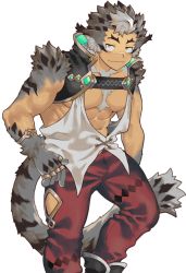 Rule 34 | 1boy, abs, animal ear request, another eidos-r, bara, body fur, chest hair, facial hair, fang, feet out of frame, large pectorals, looking at viewer, loose clothes, loose shirt, lute (another eidos), male focus, muscular, muscular male, official art, pants, pectoral cleavage, pectorals, red pants, sagami jon, shirt, short hair, sidepec, smile, solo, stomach, stubble, tail, transparent background