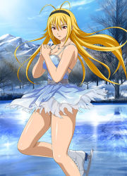 Rule 34 | 1girl, antenna hair, blonde hair, chousen (ikkitousen), dress, female focus, own hands clasped, ice, ice skates, ikkitousen, jewelry, legs, long hair, looking at viewer, nature, necklace, outdoors, own hands together, skates, solo, tree
