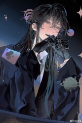 Rule 34 | 1boy, absurdres, bai liu, black eyes, black gloves, black hair, black necktie, card, chain, collared shirt, crossed bangs, dropping, gloves, highres, i became a god in a horror game, interlocked fingers, jacket, jewelry, long hair, long sleeves, looking at viewer, male focus, necklace, necktie, open mouth, shirt, solo, suit jacket, unworn jewelry, unworn necklace, upper body, weibo 7712863430, white shirt