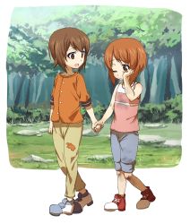 Rule 34 | 10s, 2girls, absurdres, ashiwara yuu, brown eyes, brown hair, bruise, commentary, day, dirty, dirty clothes, frown, full body, girls und panzer, holding hands, highres, injury, looking at another, multiple girls, nishizumi maho, nishizumi miho, one eye closed, outdoors, pants, pants rolled up, shoes, short hair, siblings, sisters, smile, standing, tank top, tearing up, walking, aged down