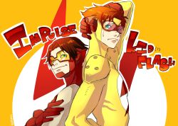 Rule 34 | 2boys, back-to-back, bart allen, bodysuit, brown hair, character name, dc comics, family, flash (series), gloves, goggles, green eyes, highres, impulse, kid flash, male focus, multiple boys, red hair, simple background, wally west, yellow eyes, young justice: invasion