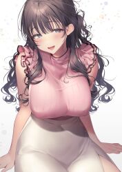 Rule 34 | 1girl, black hair, breasts, commission, covered erect nipples, frilled shirt, frills, grey eyes, high-waist skirt, large breasts, long hair, open mouth, original, pink shirt, shirt, side slit, sitting, skirt, sleeveless, sleeveless shirt, solo, sourenkio, white background, white skirt