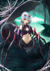 Rule 34 | 1girl, arachne, arthropod girl, bad id, bad pixiv id, bare shoulders, black gloves, breasts, brooch, cave, cleavage, cleavage cutout, clothing cutout, crop top, elbow gloves, extra eyes, eyelashes, female focus, gloves, gradient hair, holding, holding umbrella, insect girl, jewelry, light smile, long hair, looking at viewer, monster girl, multicolored hair, navel, original, parted lips, pink hair, pointy ears, red eyes, silk, silver hair, smile, solo, spider girl, spider web, standing, sud (sudea), taur, umbrella, underground, water