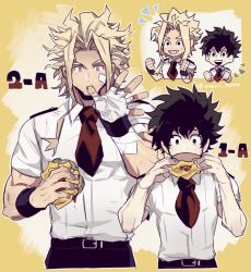 Rule 34 | 10s, 2boys, aged down, all might, alternate universe, bad id, bad twitter id, bandages, bandaid, bandaid on face, belt, blonde hair, blue eyes, boku no hero academia, burger, clenched hands, eating, eyebrows, food, freckles, green hair, grin, male focus, midoriya izuku, multiple boys, muscular, necktie, oneul haru, pale skin, red necktie, school uniform, simple background, smile, thick eyebrows, time paradox, twitter username, wristband, yagi toshinori, yellow background