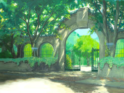 Rule 34 | arch, bad id, bad pixiv id, gate, no humans, original, park, pavement, road, road sign, scenery, shade, sign, street, traditional media, tree, tree shade, you (shimizu)