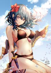 Rule 34 | 1girl, atoatto, bare shoulders, belt, bikini, black belt, black bikini, black choker, blue eyes, blue hair, blue sky, blush, breasts, bustier, byleth (female) (fire emblem), byleth (female) (summer) (fire emblem), byleth (fire emblem), cape, choker, cleavage, closed mouth, cloud, commentary, dagger, day, fire emblem, fire emblem: three houses, fire emblem heroes, floating hair, flower, hair between eyes, hair flower, hair ornament, head tilt, hibiscus, highres, knife, large breasts, long hair, looking at viewer, medium hair, navel, nintendo, official alternate costume, red flower, scabbard, sheath, sheathed, sitting, sky, smile, solo, stomach, swimsuit, thighs, wariza, weapon