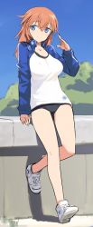 Rule 34 | 1girl, bare legs, blue eyes, blush, breasts, buruma, charlotte e. yeager, gym uniform, jacket, large breasts, long hair, looking at viewer, no socks, orange hair, shimada fumikane, shoes, smile, sneakers, solo, strike witches, track jacket, world witches series