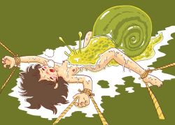 Rule 34 | 1girl, barefoot, bestiality, breasts, feet, nipples, pukao, rope, short hair, small breasts, snail, solo, toes